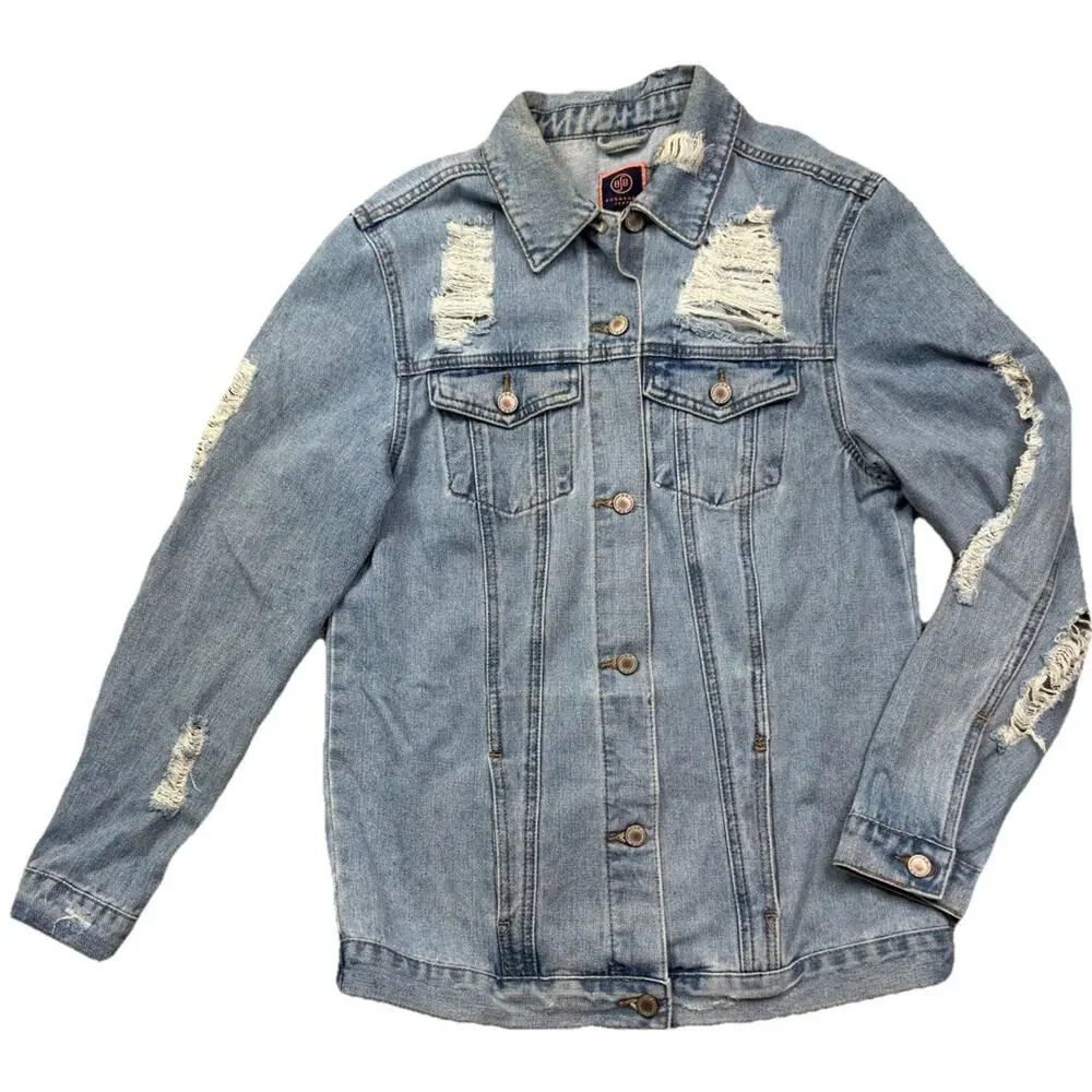 Boom Boom Jean Denim Jacket Distressed Size Medium‎ Western Rodeo Boho oversized